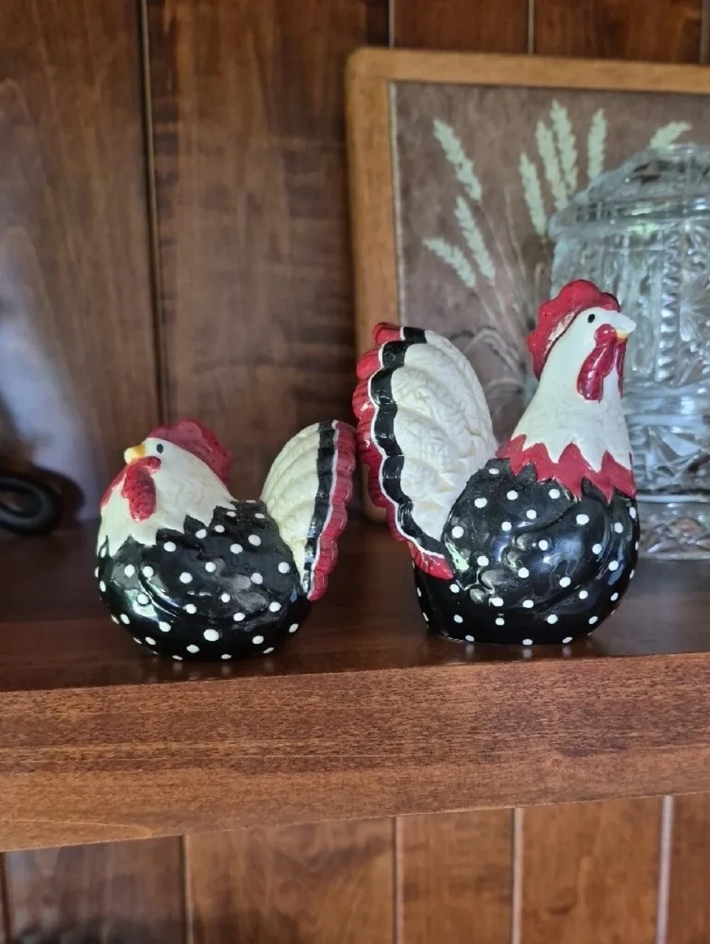 Polka Dot Ceramic Rooster Salt & Pepper Shakers - Black, White, Red